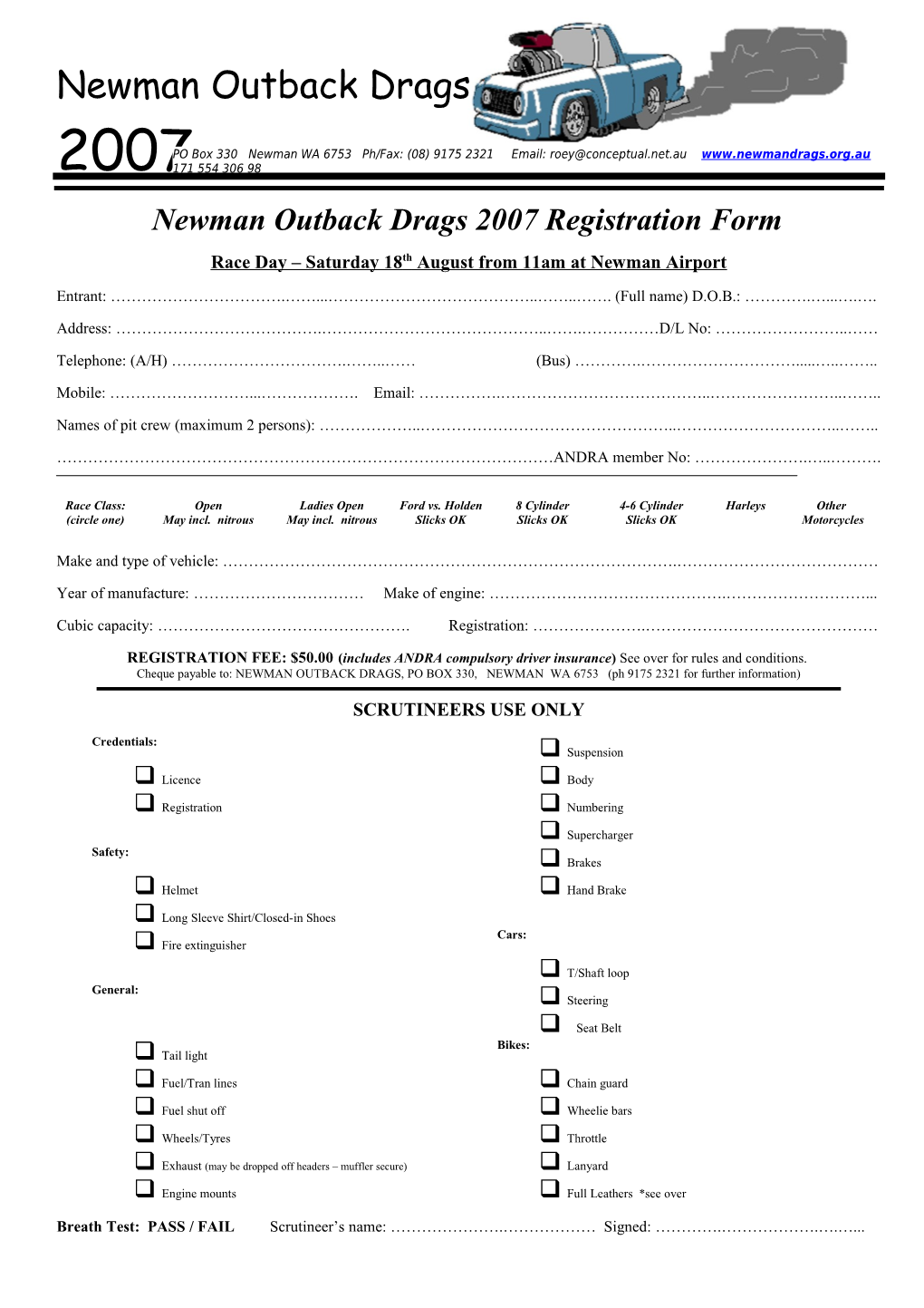 Newman Outback Drags 2007 Registration Form