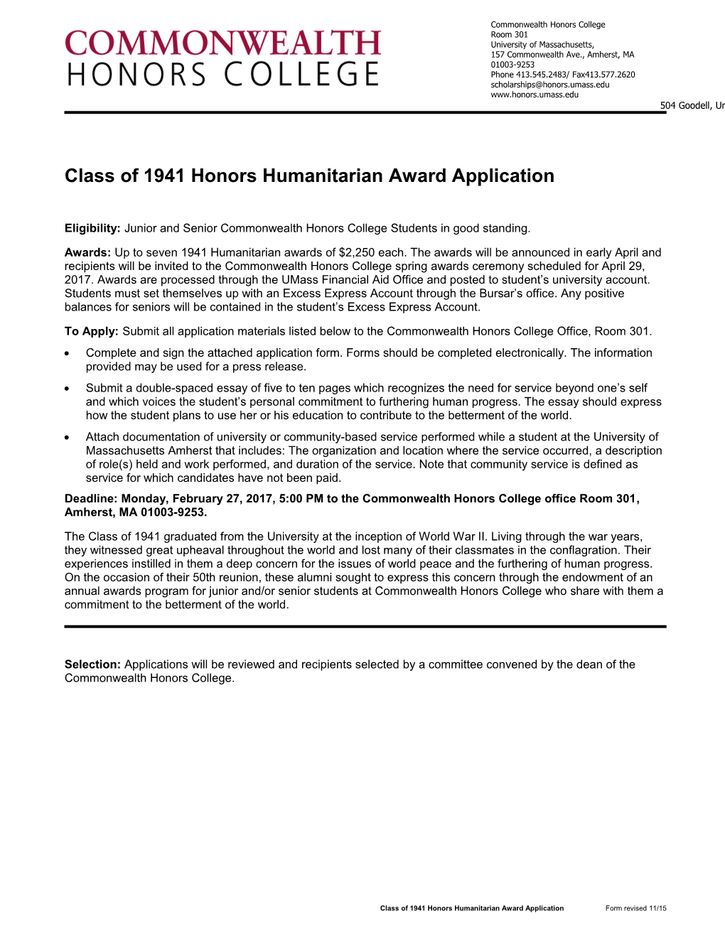 Class of 1941 Honors Humanitarian Award Application