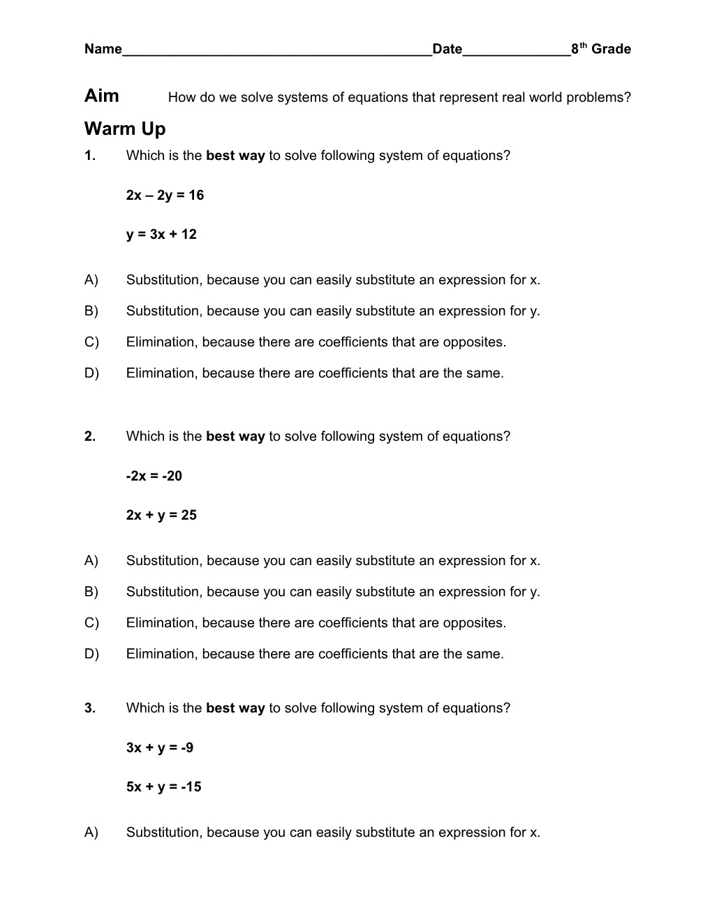 Aim How Do We Solve Systems of Equations That Represent Real World Problems?