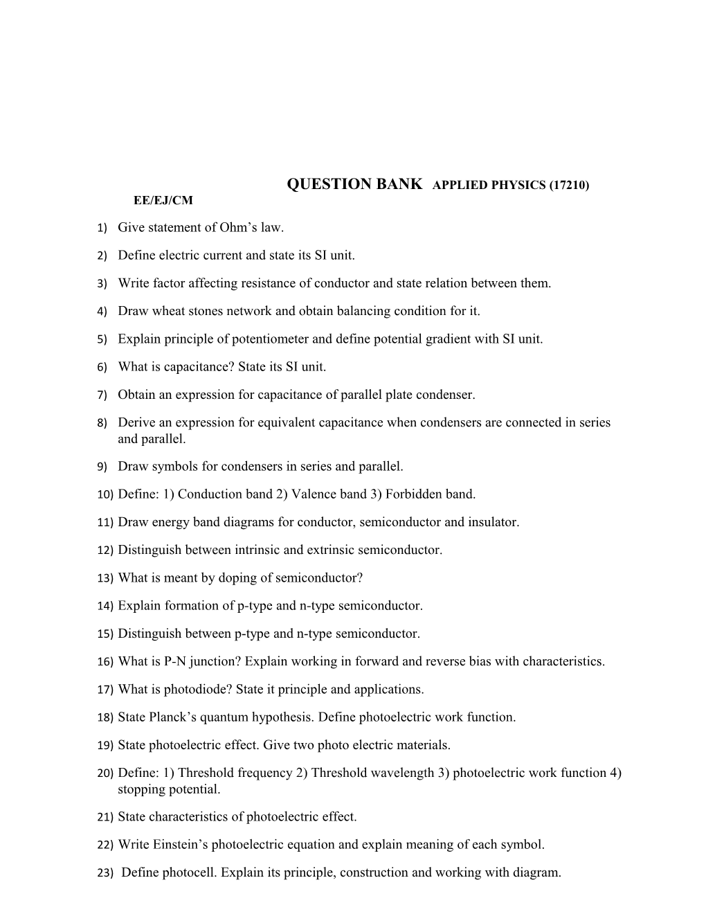 Question Bank Applied Physics (17210) Ee/Ej/Cm