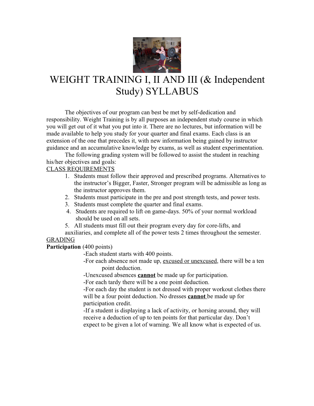 Weight Training I,Ii and Iii Syllabus
