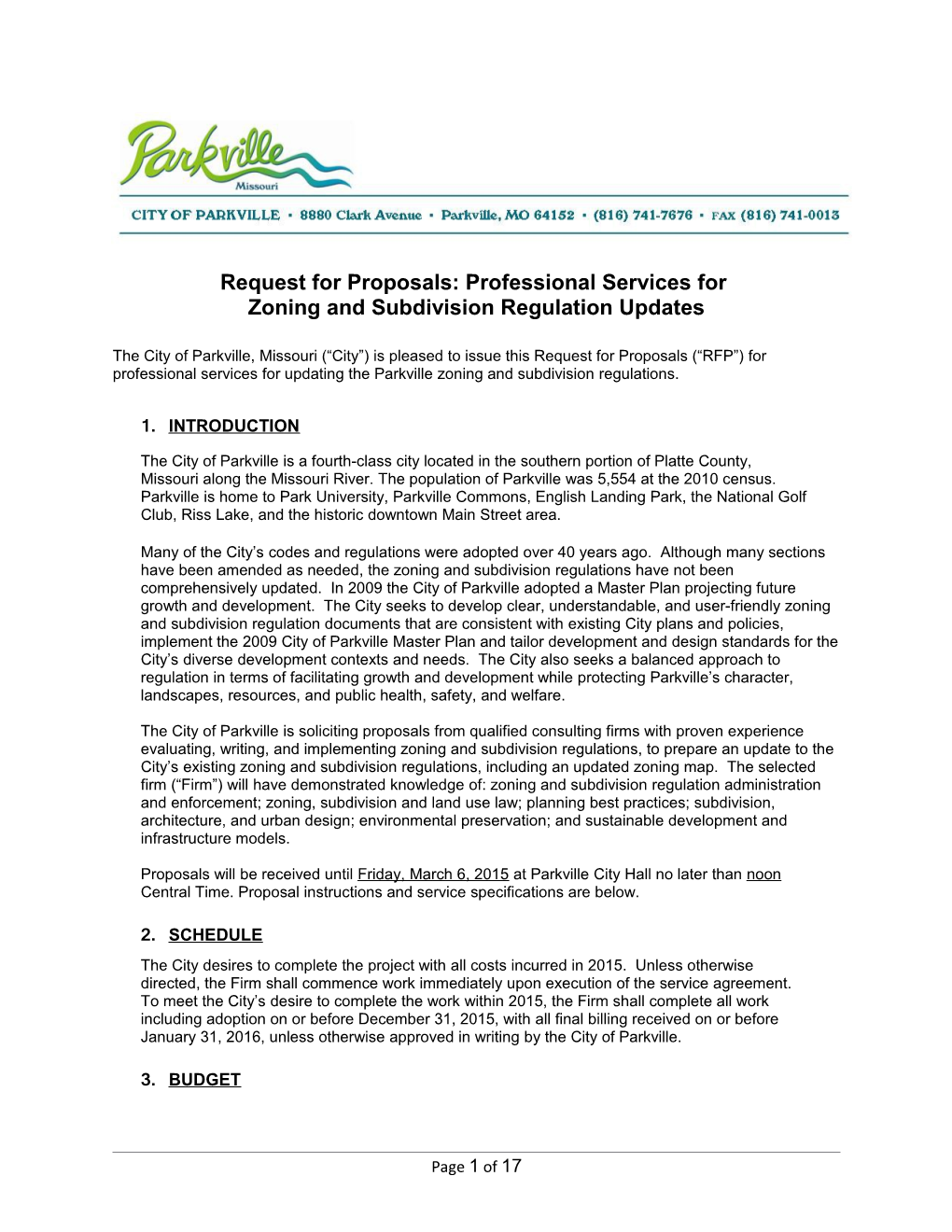 Request for Proposals: Professional Services for Zoning and Subdivision Regulation Updates