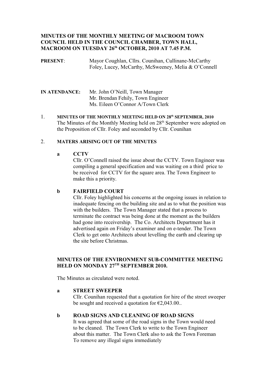 Minutes of the Monthly Meeting of Macroom Town Council Held in the Council Chamber, Town