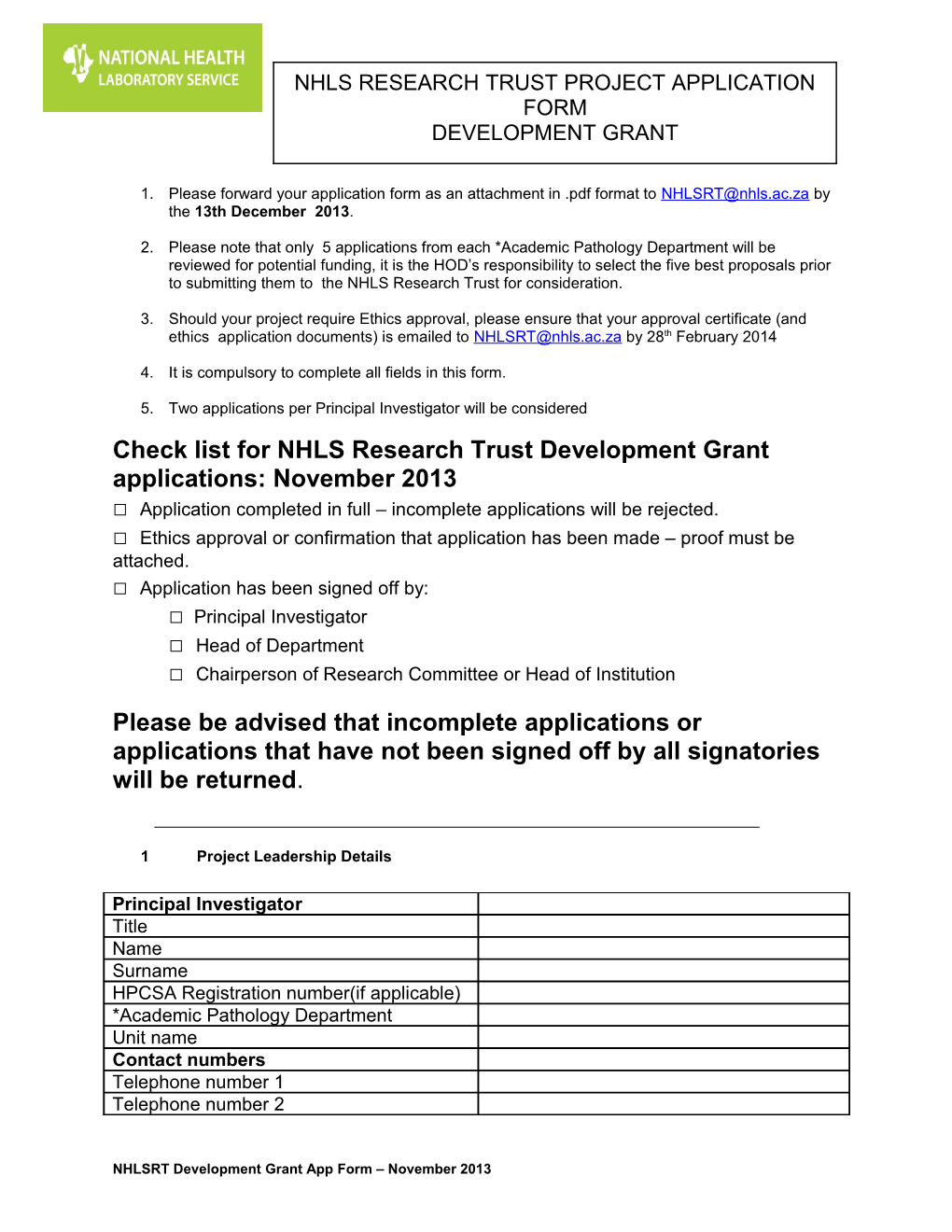 Nhls Research Trust Project Application Form