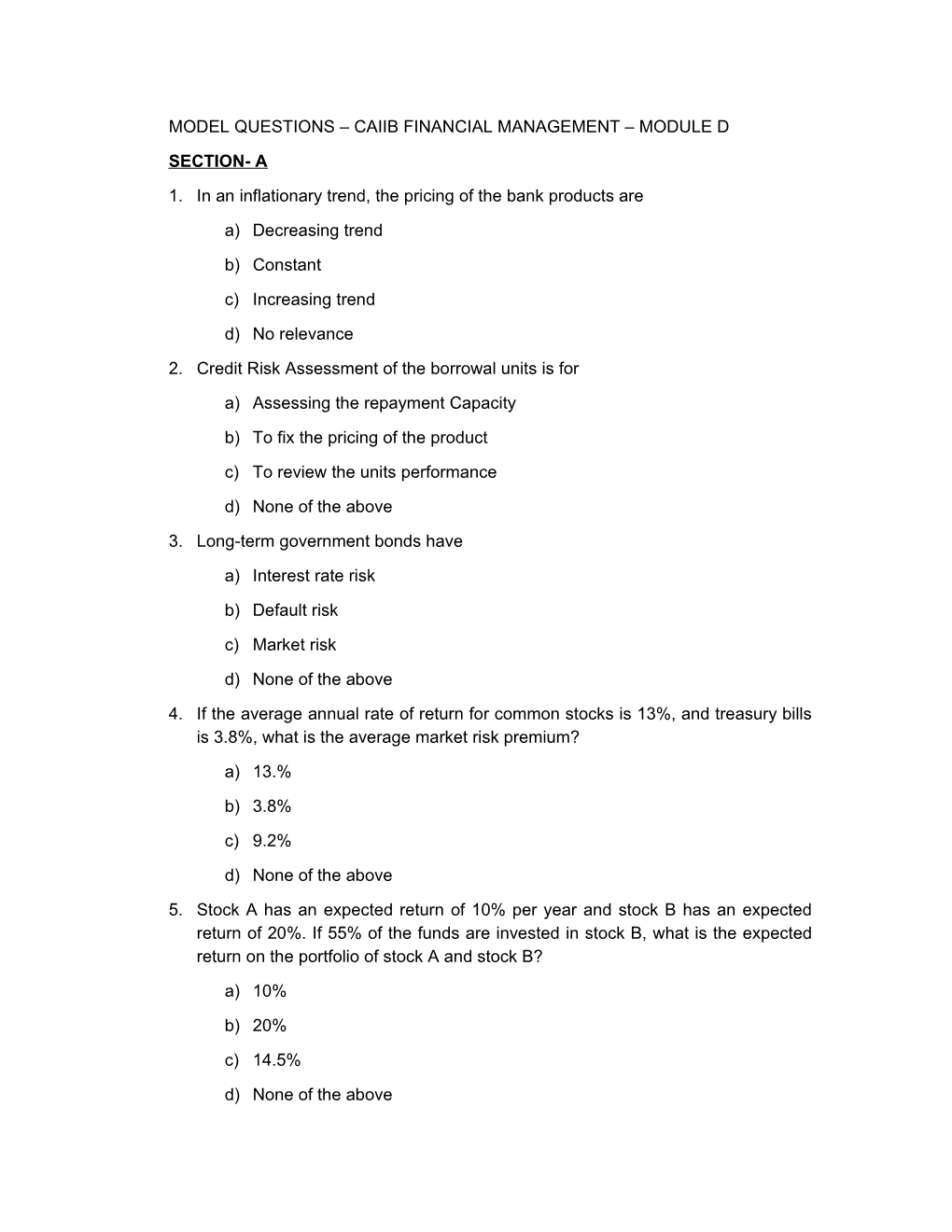 Model Questions Caiib Financial Management Module D