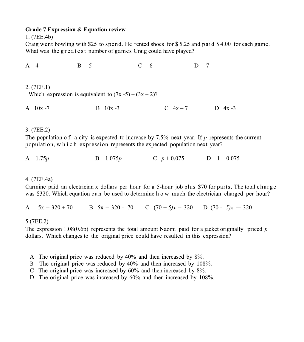 Grade 7 Expression & Equation Review