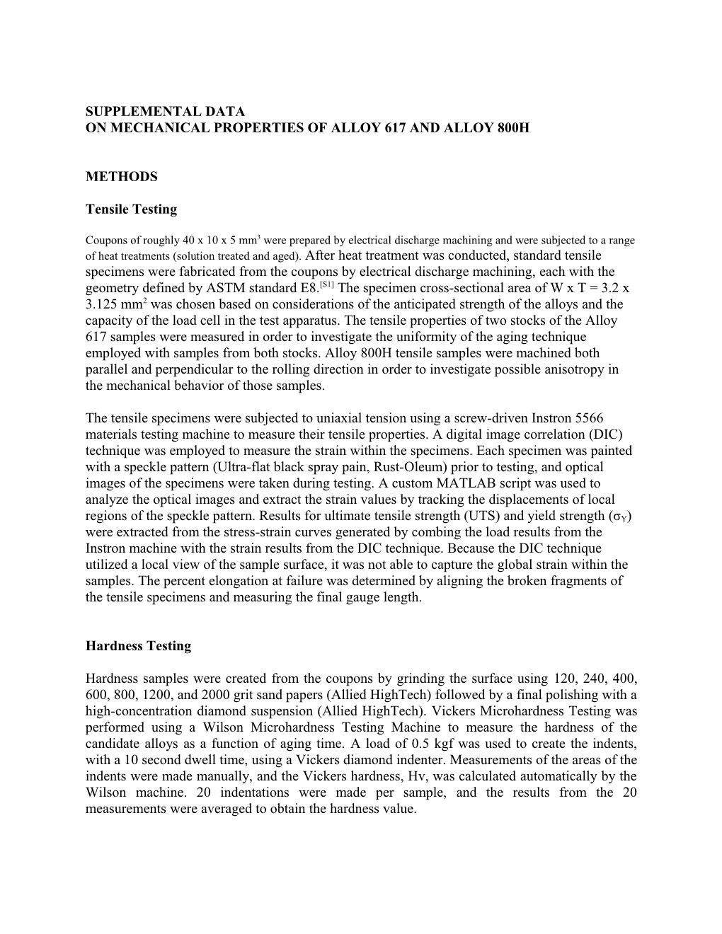 Supplemental Data on Mechanical Properties of Alloy 617 and Alloy 800H