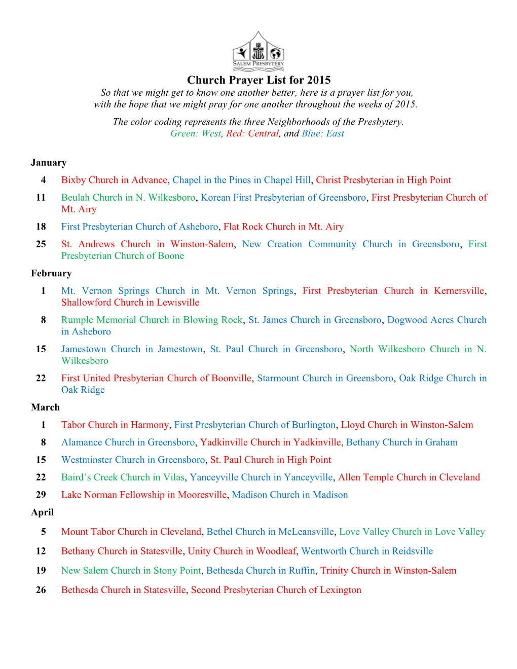 Salem Presbytery Prayer List for 1998