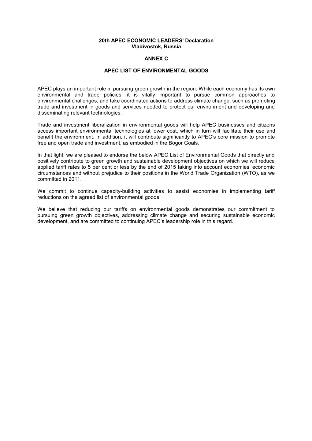 20Th APEC ECONOMIC LEADERS' Declaration