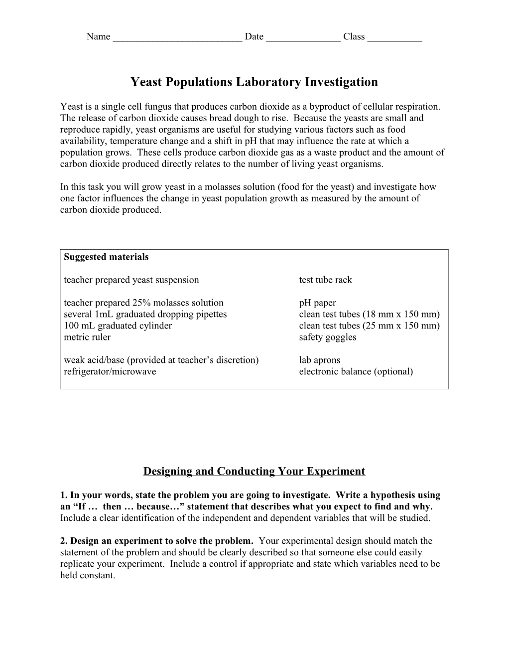 Yeast Populations Laboratory Investigation