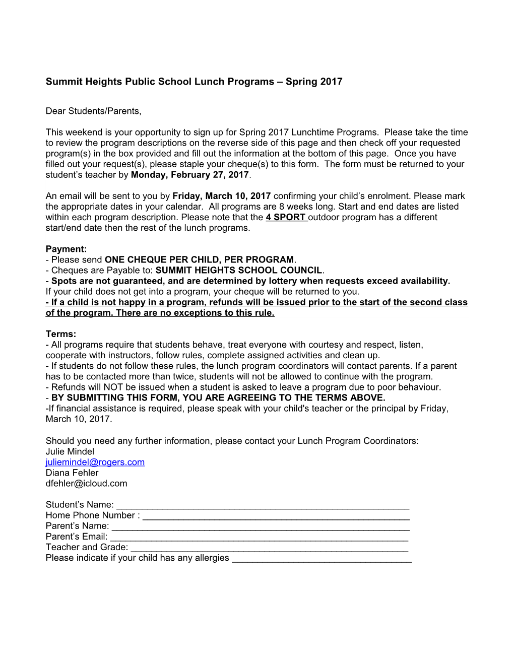 Summit Heights Public School Lunch Programs Spring 2017