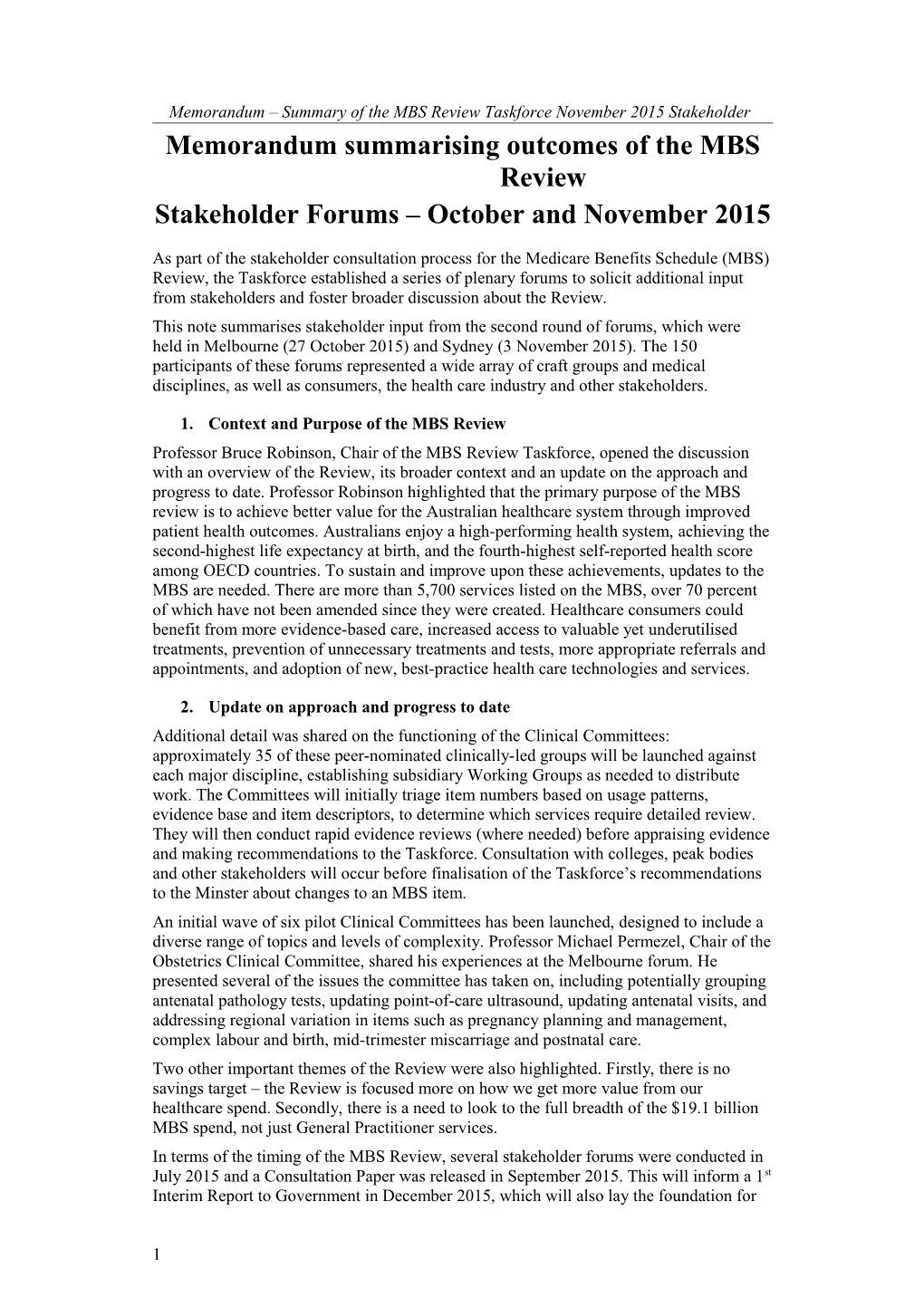 Memorandum - Summary of the MBS Review Taskforce November 2015 Stakeholder Forums