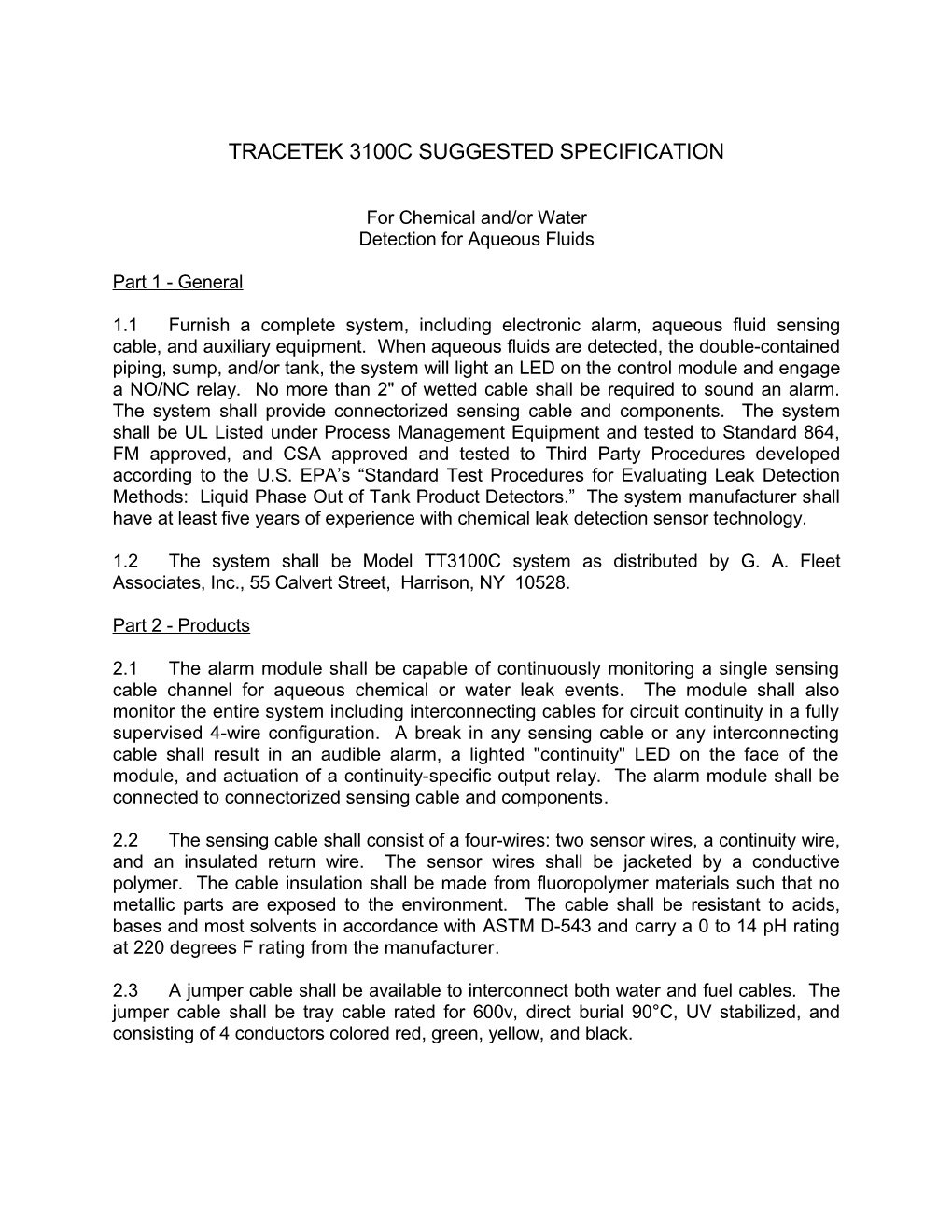 Tracetek 3000 Suggested Specification