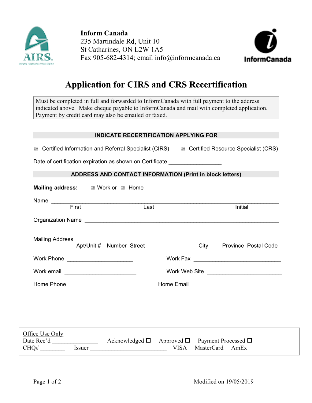 Application for CIRS and CRS Recertification