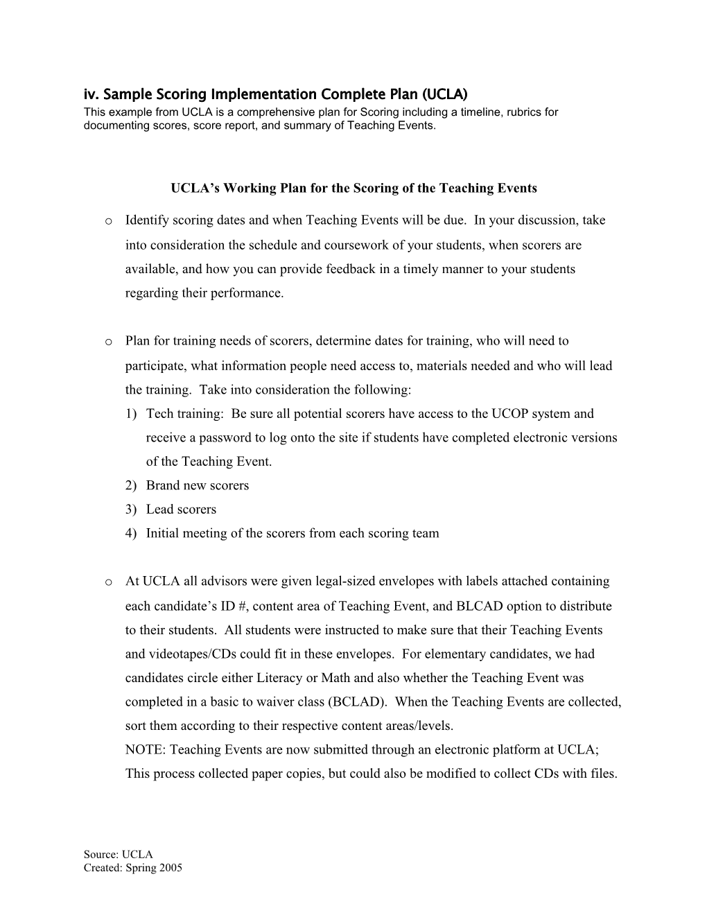 UCLA S Working Plan for the Scoring of the Teaching Events