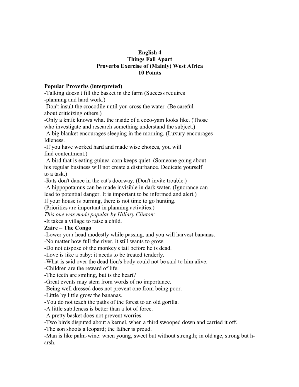 Proverbs Exercise of (Mainly) West Africa