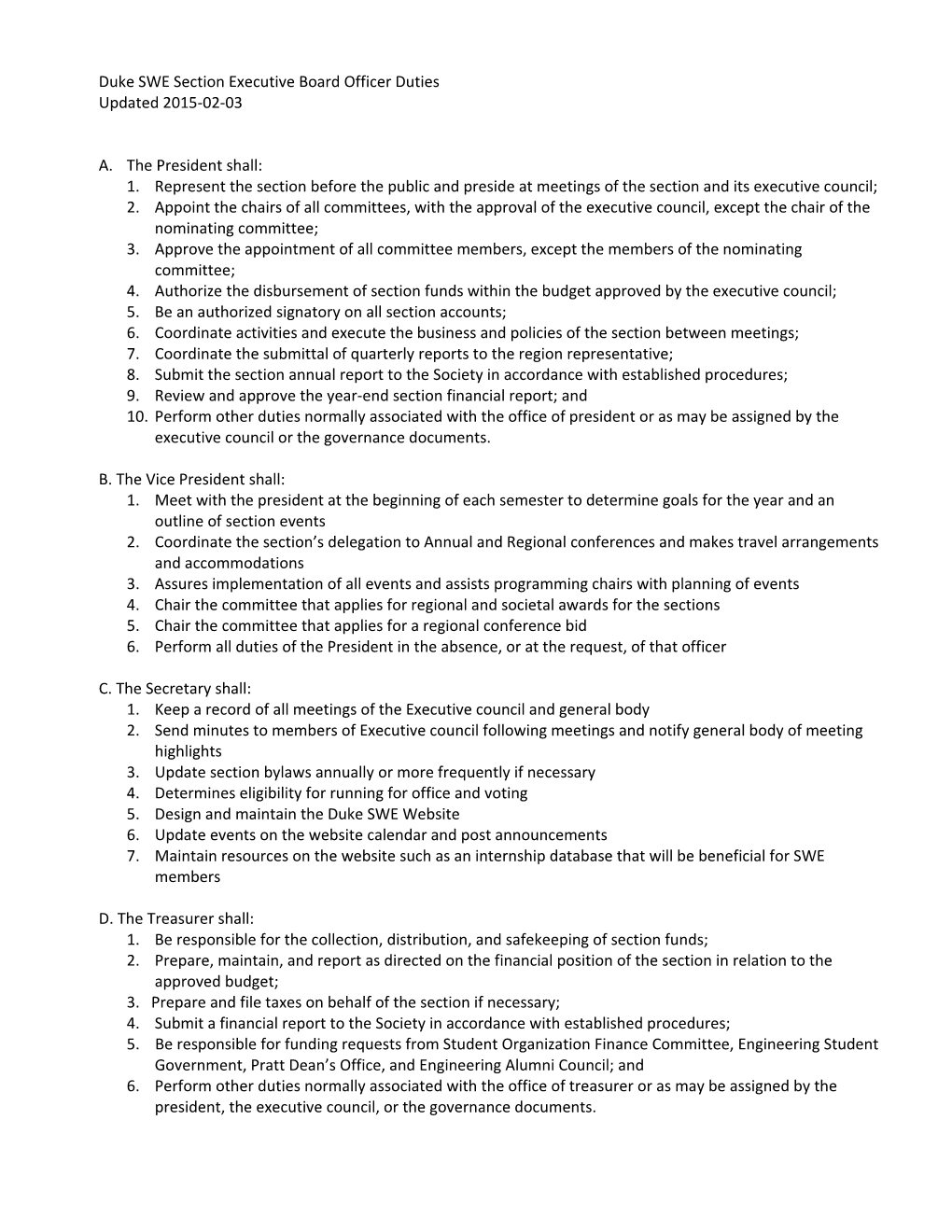 Proposal of Changes to Duke SWE Section Executive Board Officer Duties