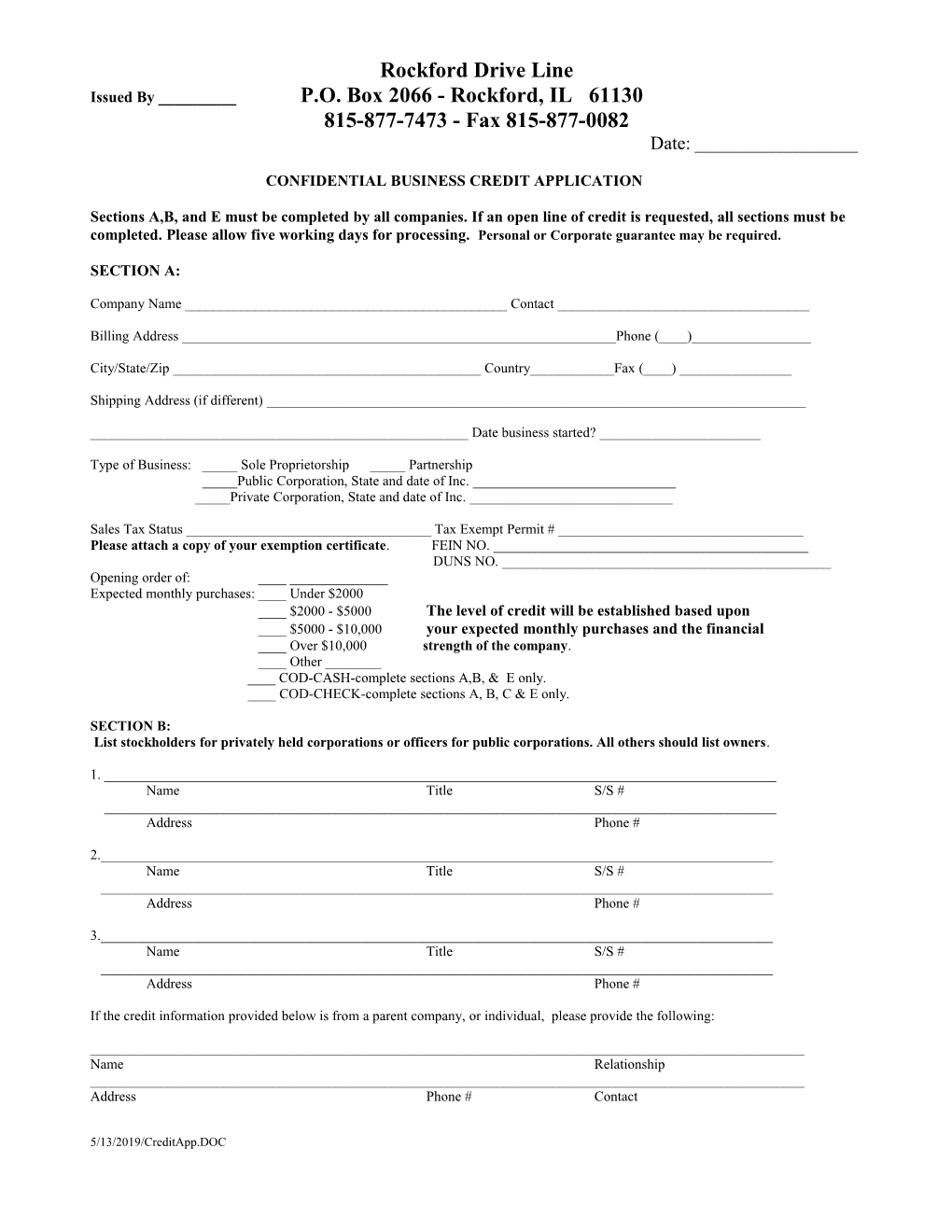 Confidential Business Credit Application