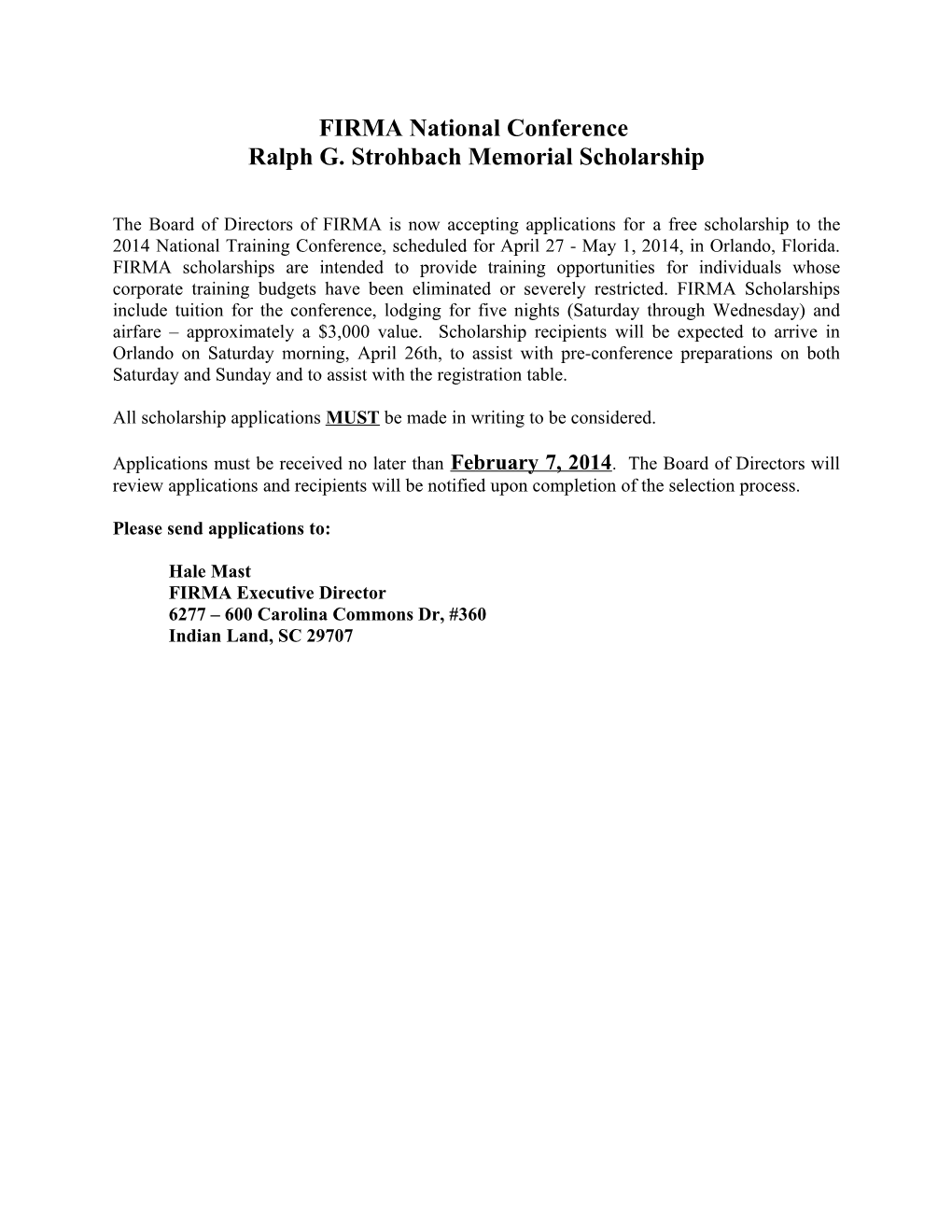 Ralph G. Strohbach Memorial Scholarship