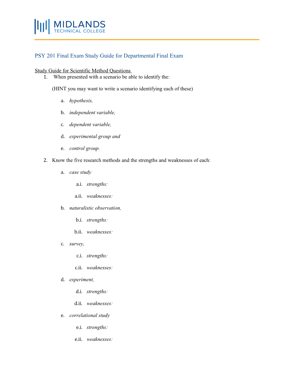 PSY 201 Final Exam Study Guide for Departmental Final Exam