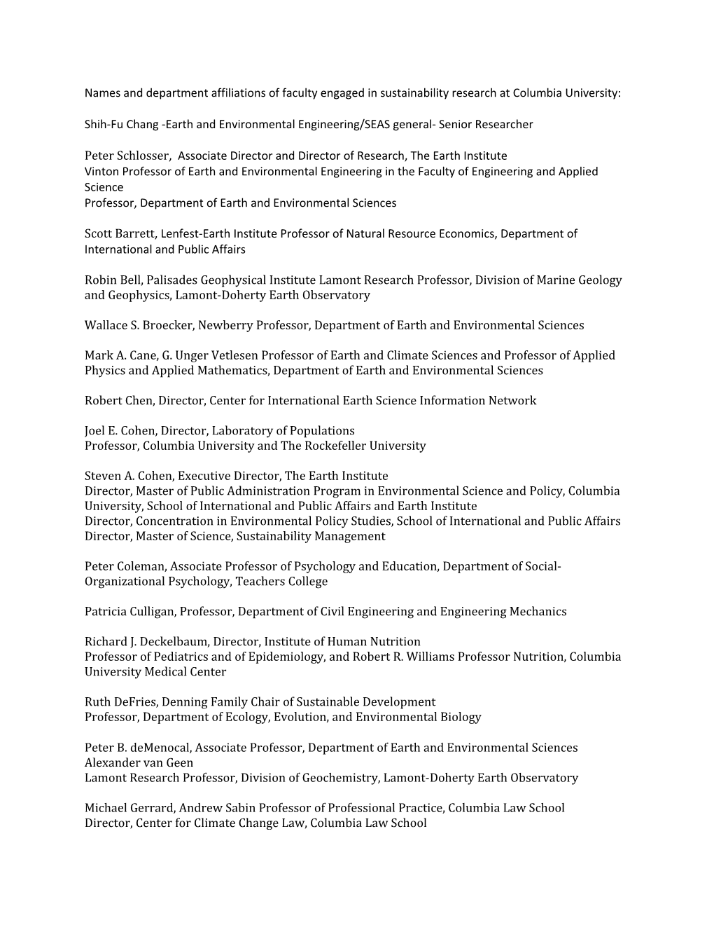 Names and Department Affiliations of Faculty Engaged in Sustainability Research at Columbia