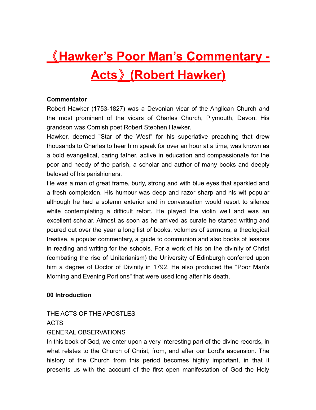 Hawker S Poor Man Scommentary-Acts (Robert Hawker)
