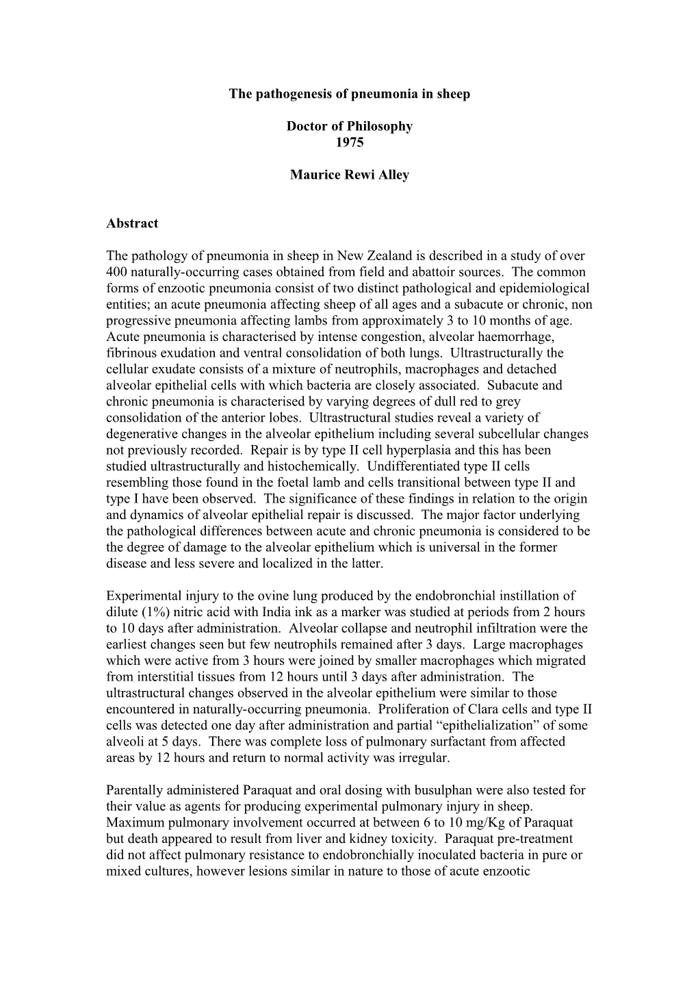 The Pathogenesis of Pneumonia in Sheep