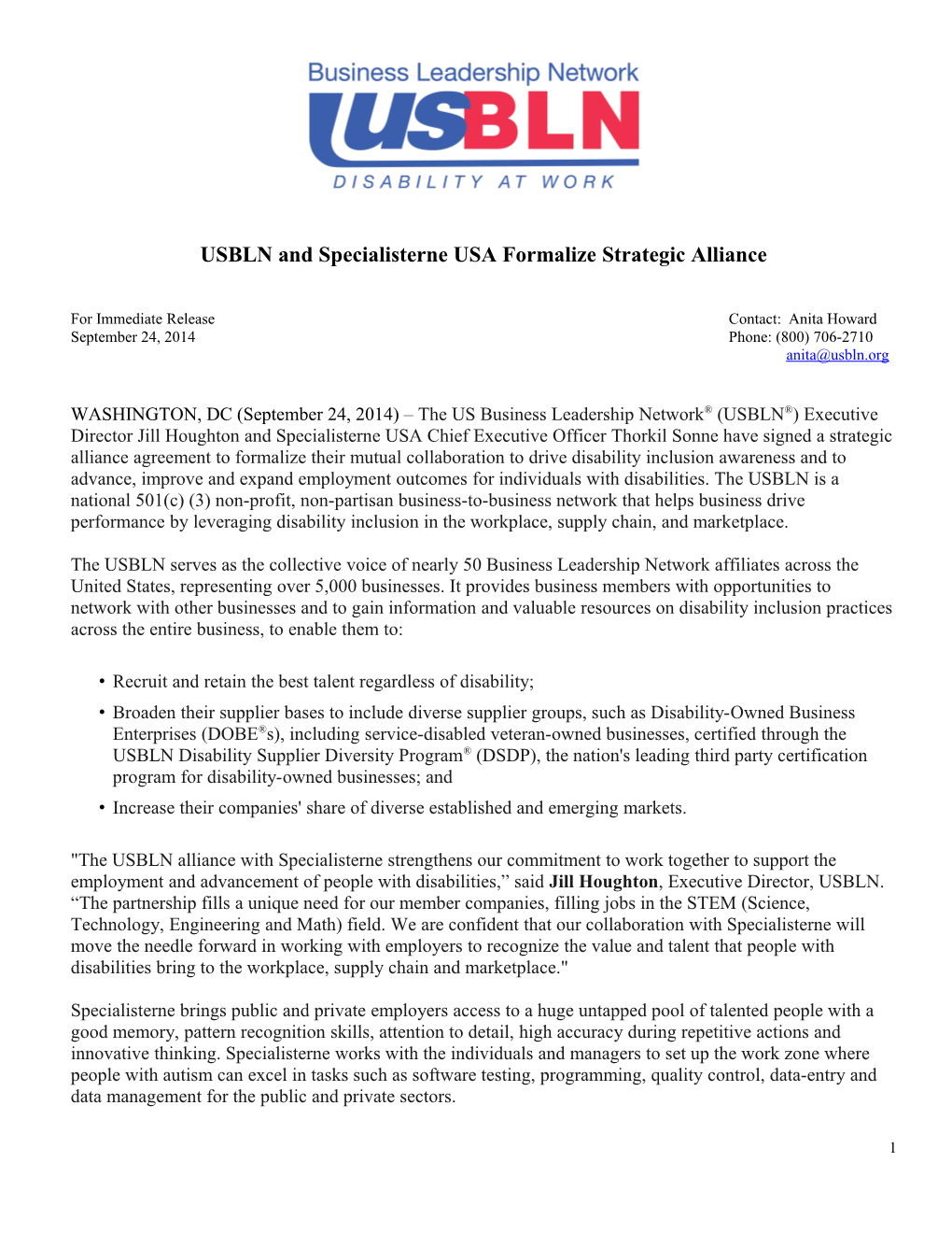 USBLN and Specialisterne USA Formalize Strategic Alliance