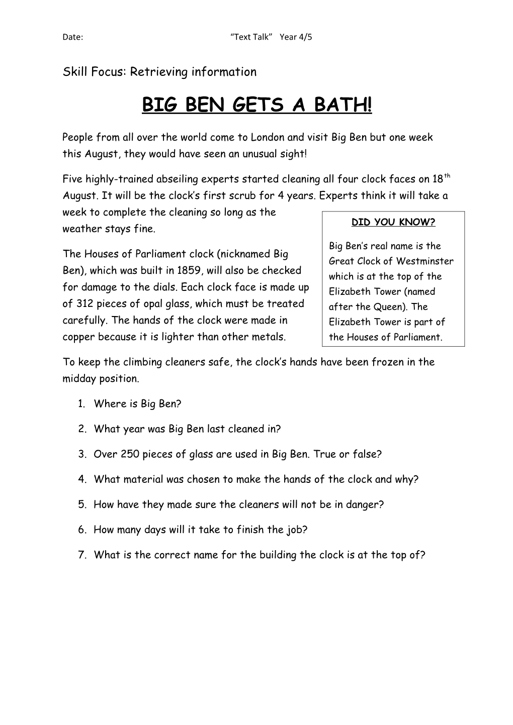 Date: Text Talk Year 4/5