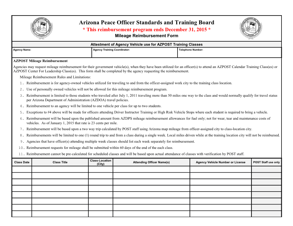 AZPOST Mileage Reimbursement (MR) Form January 2015