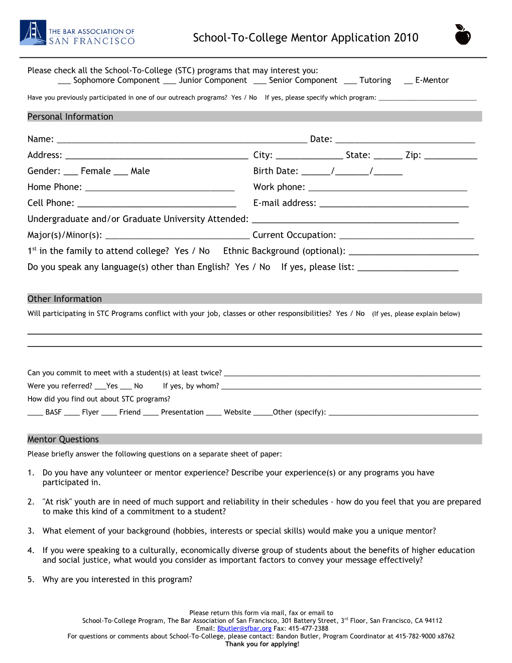 School-To-College Mentor Form
