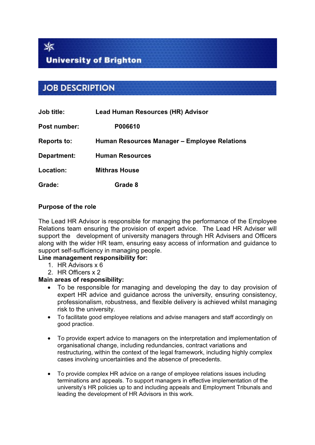 Job Title:Lead Human Resources (HR) Advisor