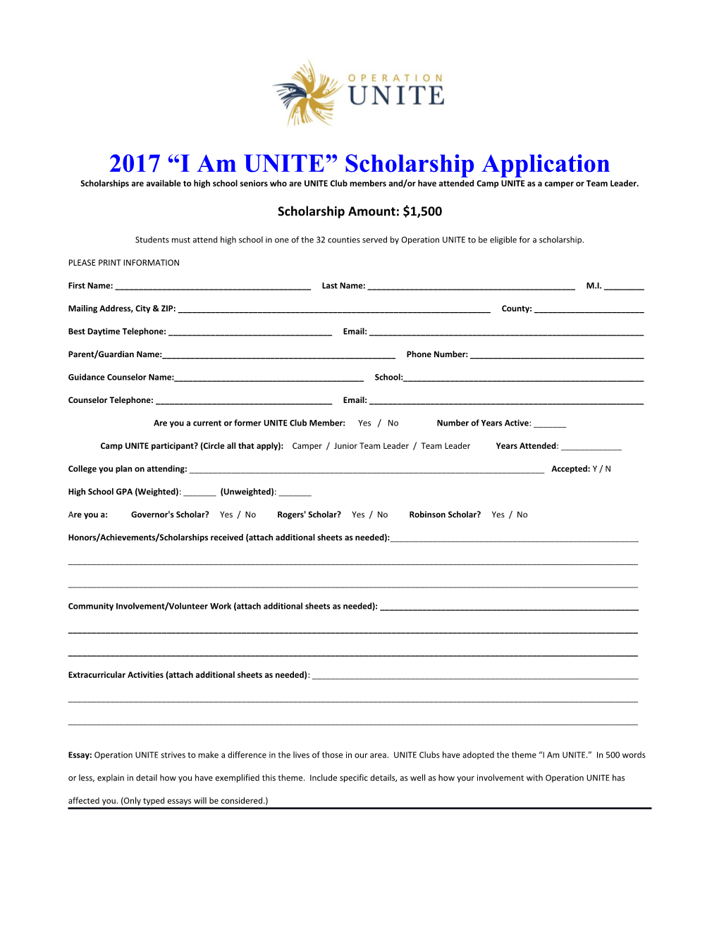 2017 I Am UNITE Scholarship Application