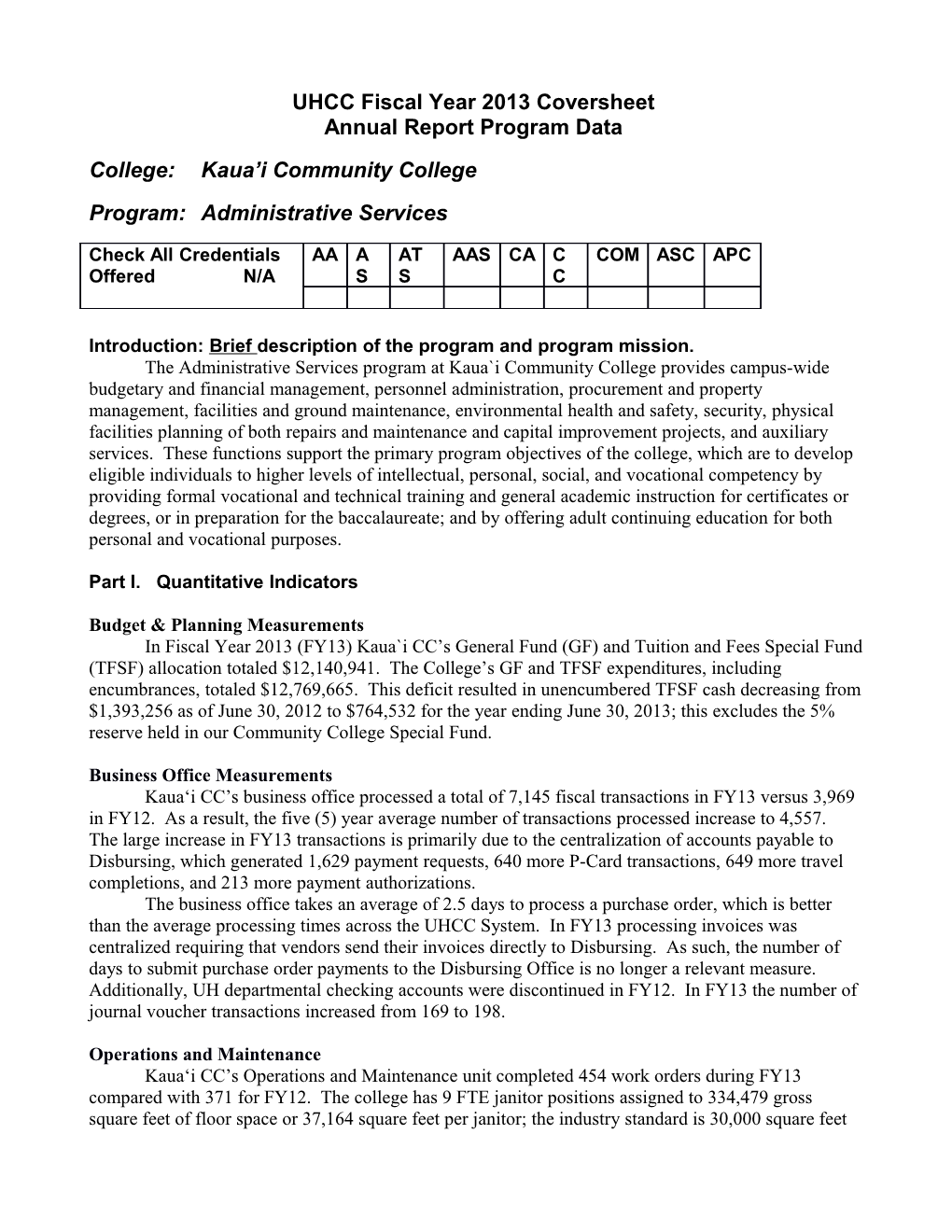 UHCC Fiscal Year 2013 Coversheet