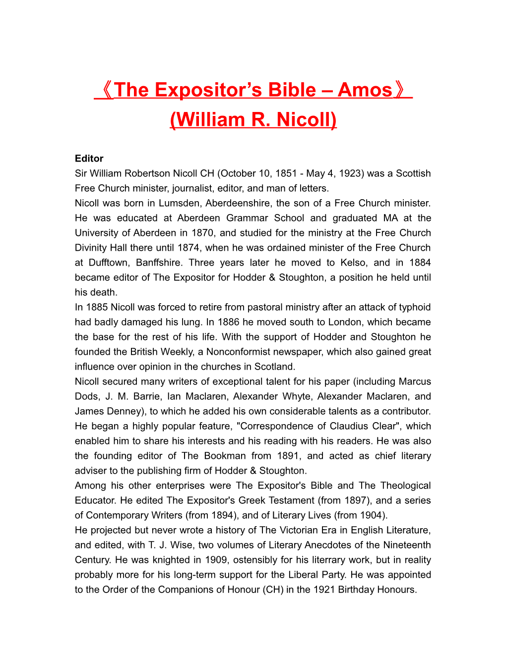 The Expositor S Bible Amos (William R. Nicoll)