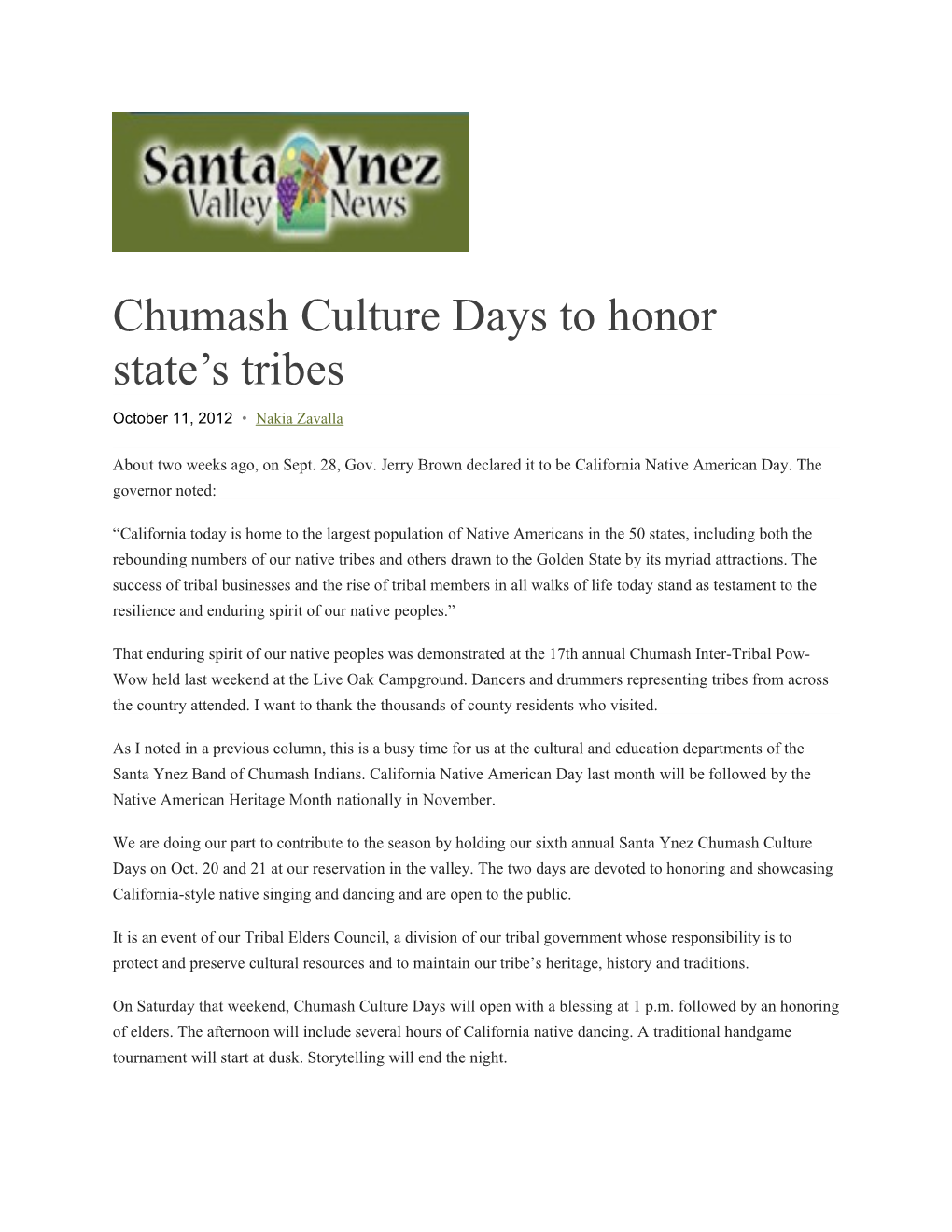 Chumash Culture Days to Honor State S Tribes