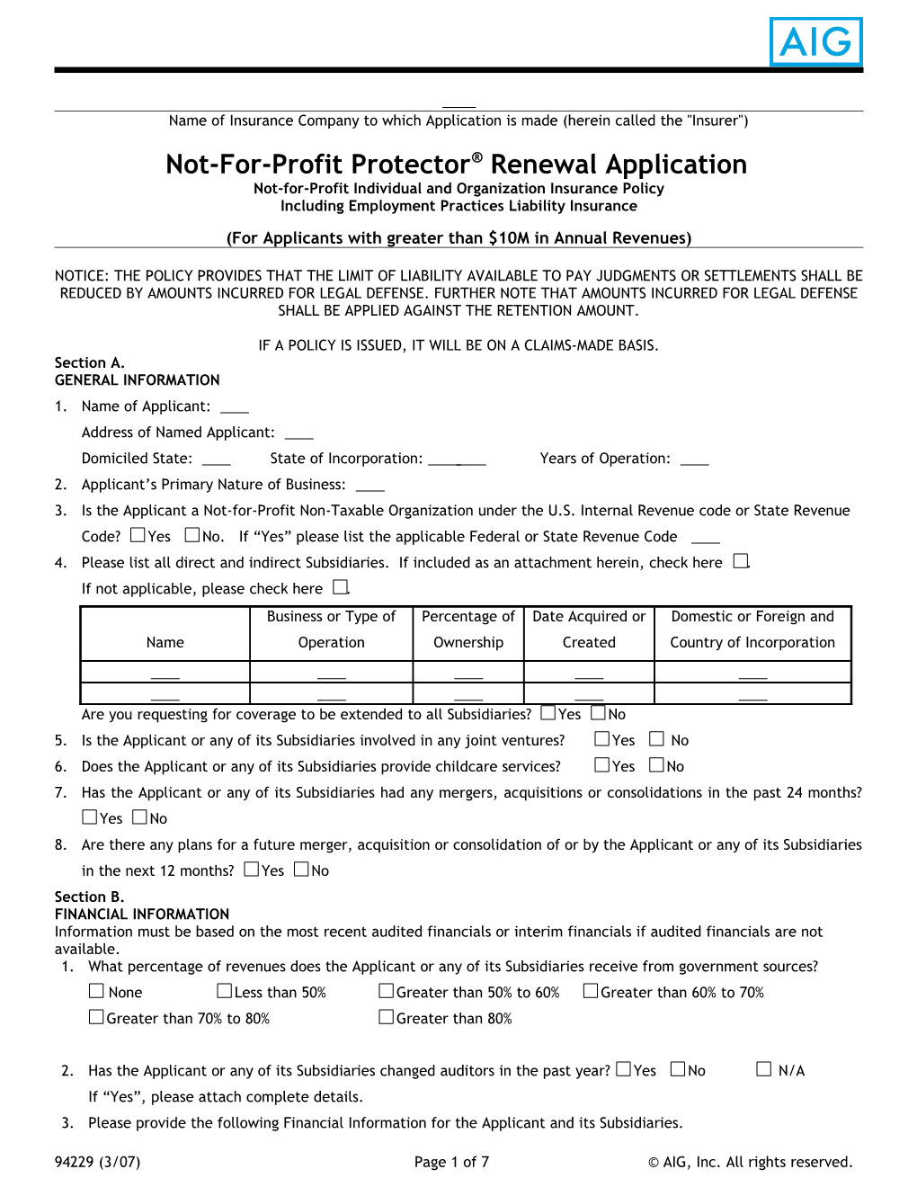 Not-For-Profit Protector Renewal Application