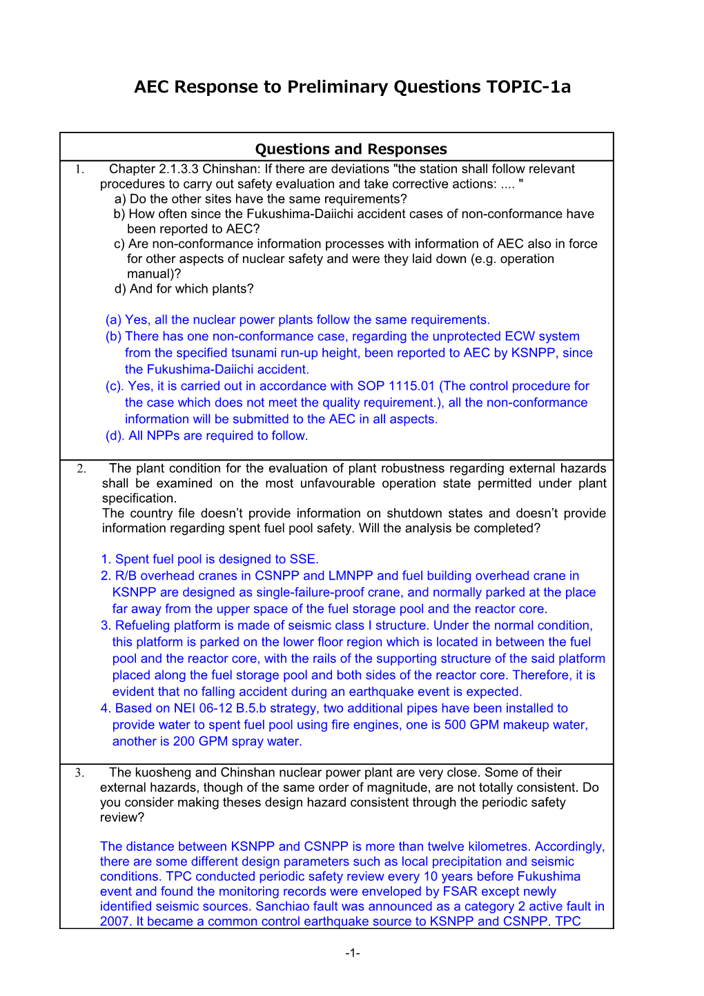 AEC Response to Preliminary Questions TOPIC-1A