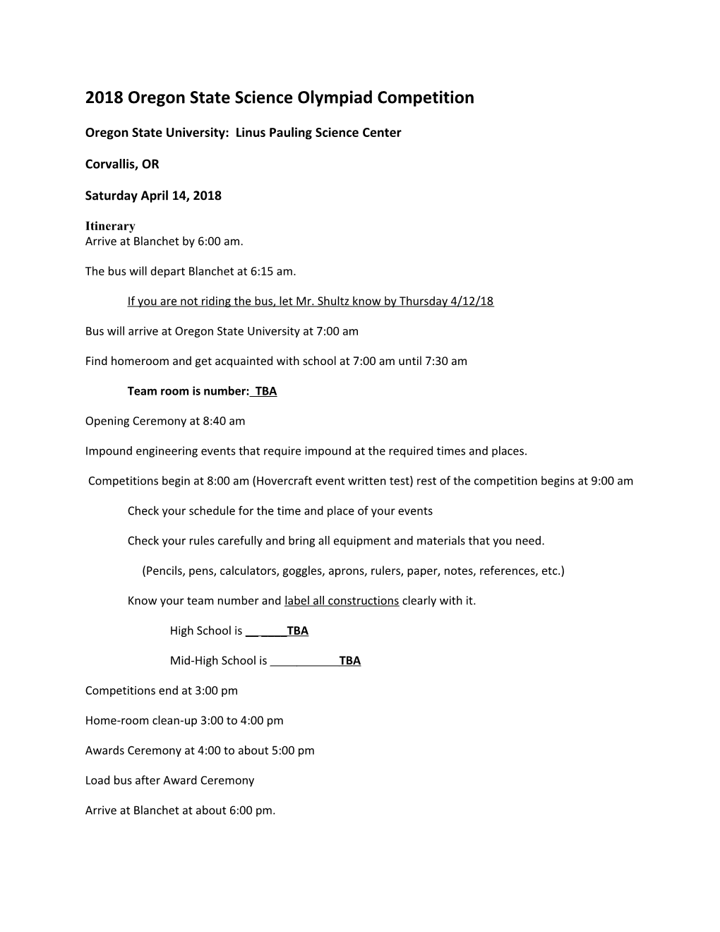 2018 Oregon State Science Olympiad Competition