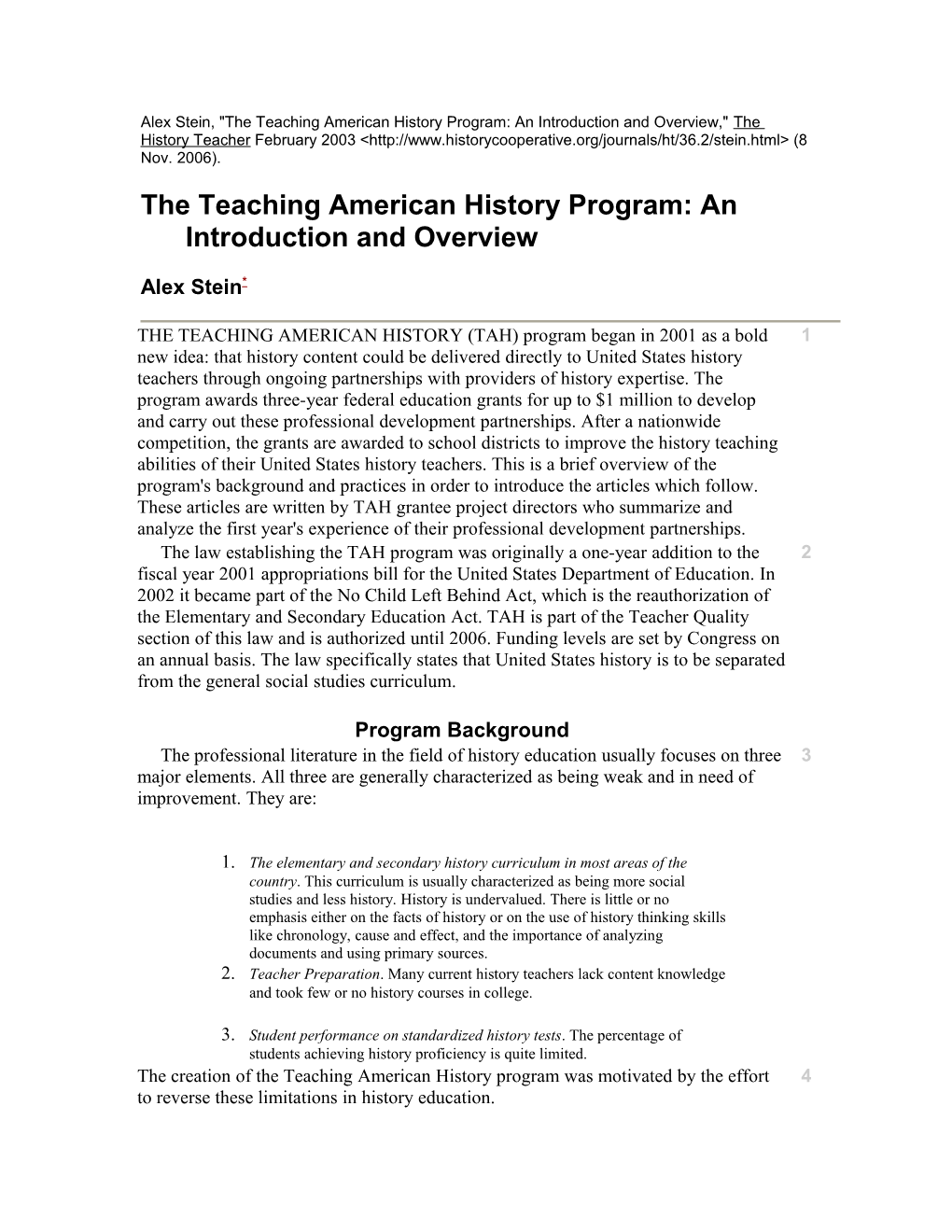 Alex Stein, the Teaching American History Program: an Introduction and Overview, the History