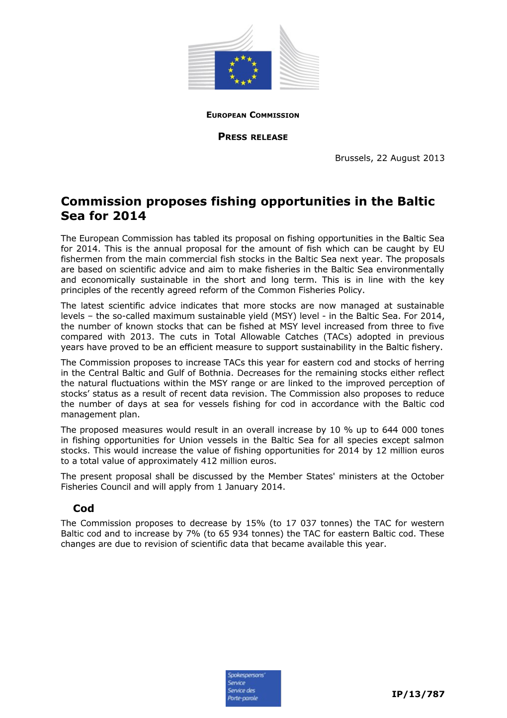 Commission Proposes Fishing Opportunities in the Baltic Sea for 2014