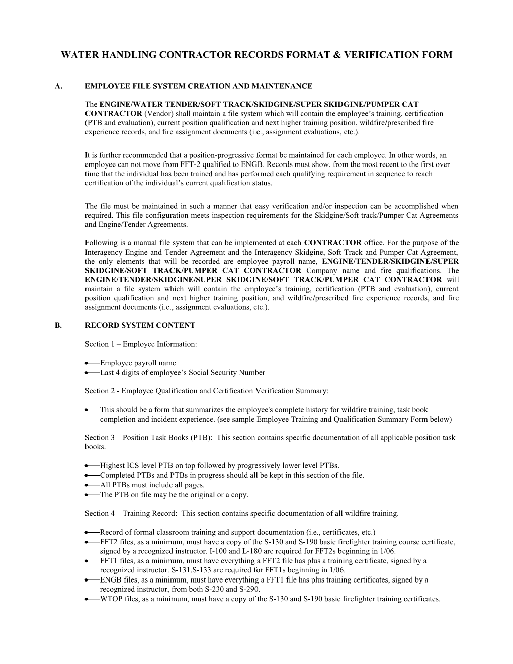 Water Handling Contractor Records Format & Verificiation Form