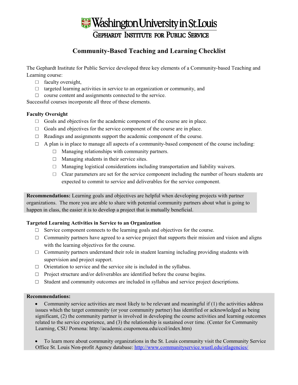 Community-Based Teaching and Learning Checklist