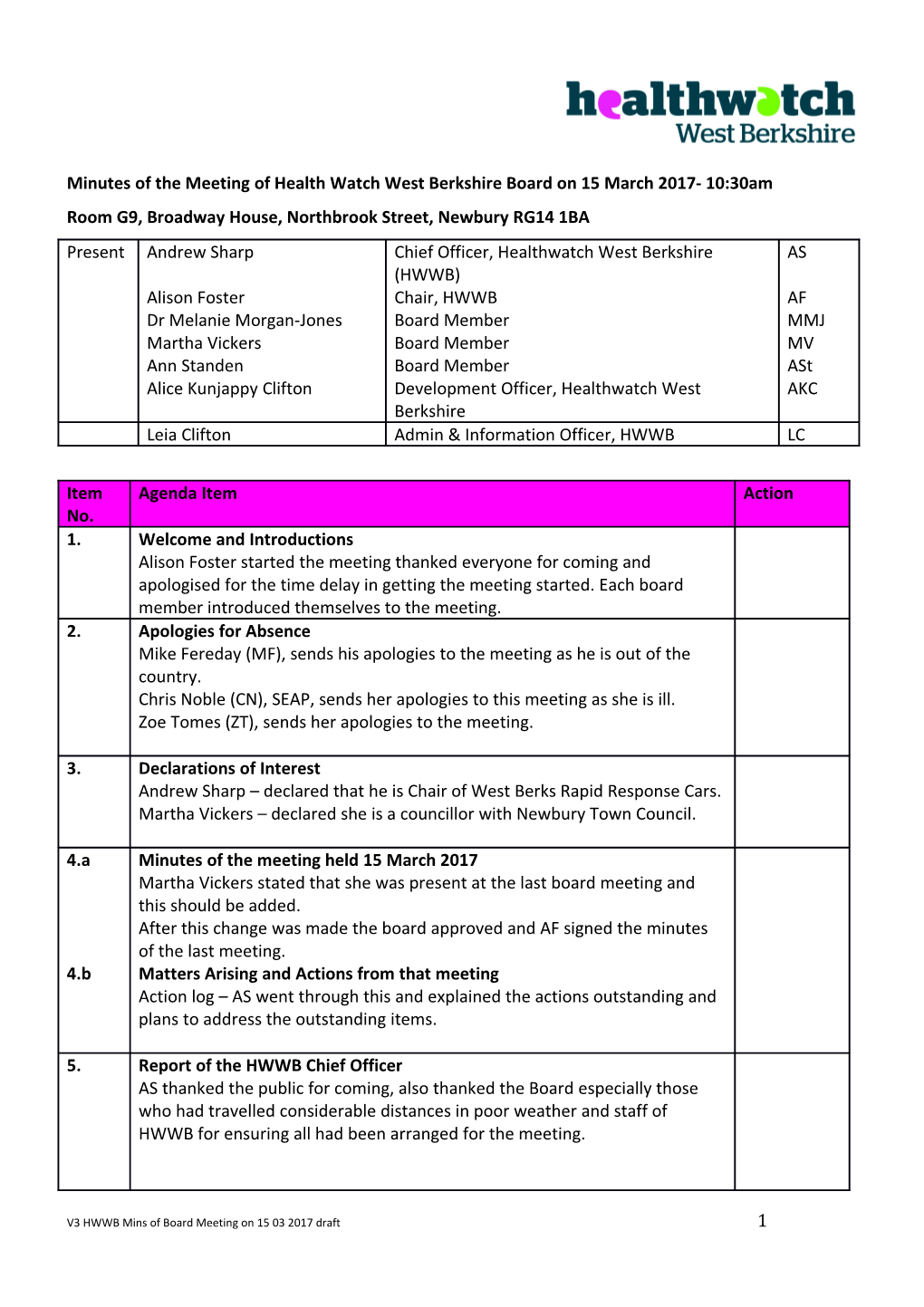 Minutes of the Meeting of Health Watch West Berkshire Board on 15 March 2017- 10:30Am