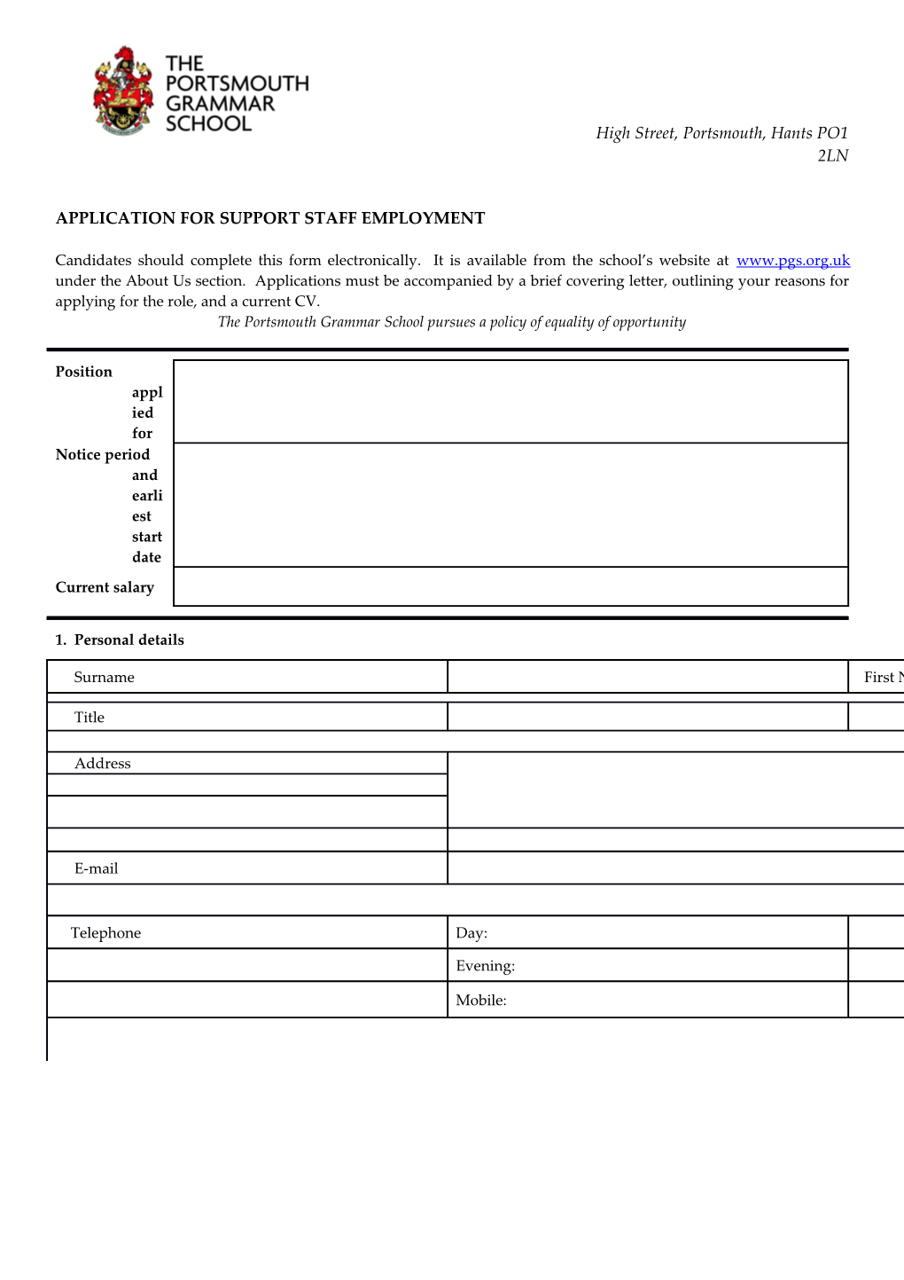 Application for Support Staff Employment