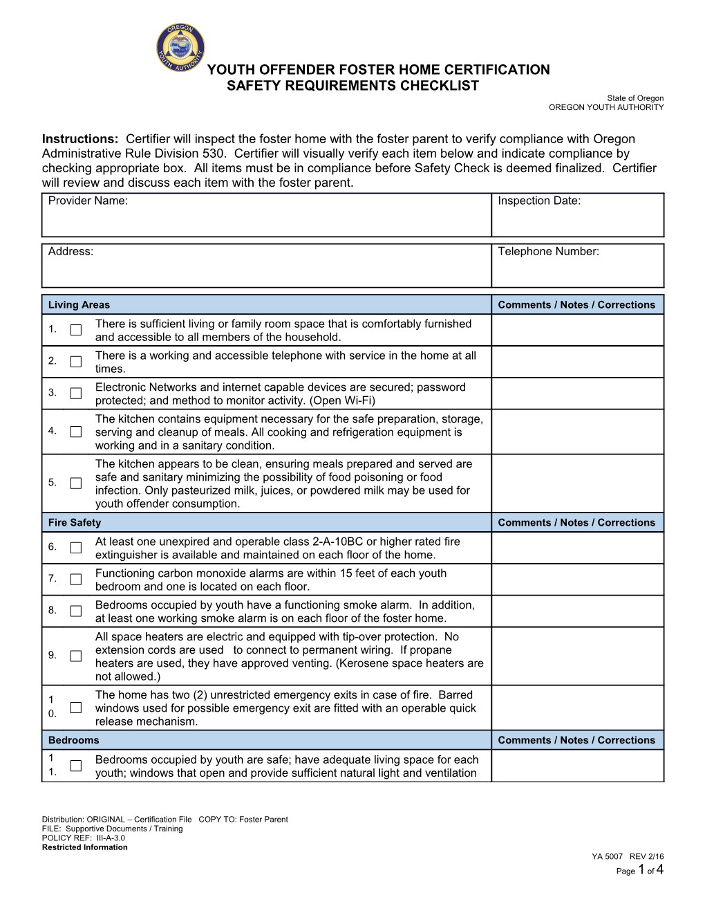 YA 5007 - Youth Offender Foster Home Certification Safety Requirement Checklist