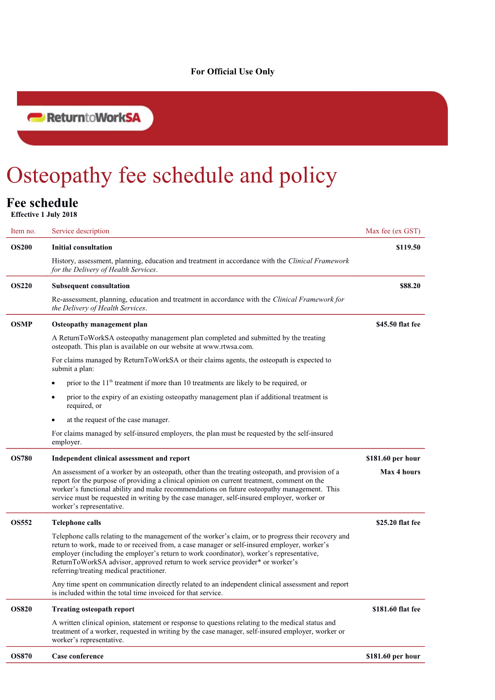 Osteopathy Fee Schedule and Policy