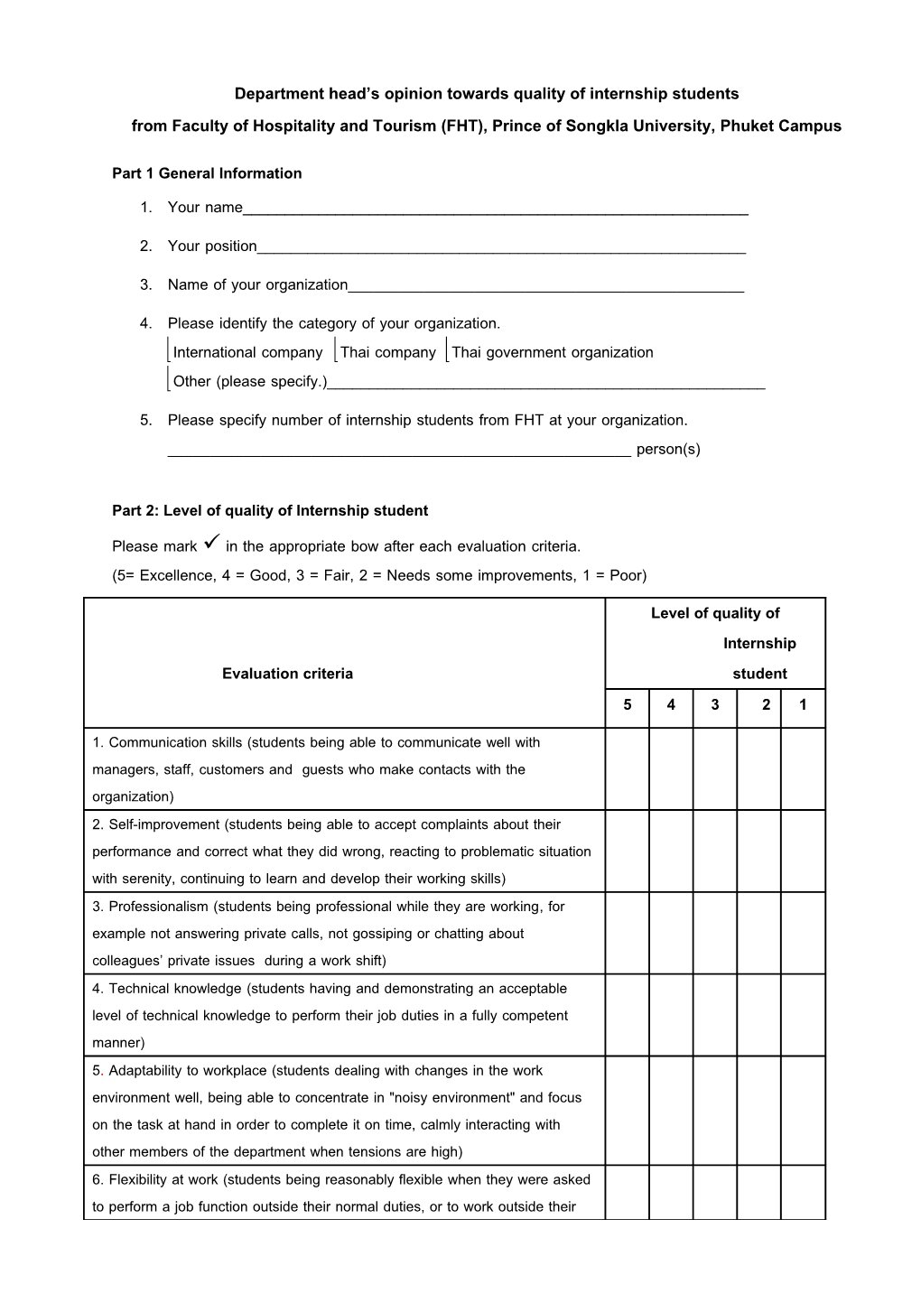 Department Head S Opinion Towards Quality of Internship Students