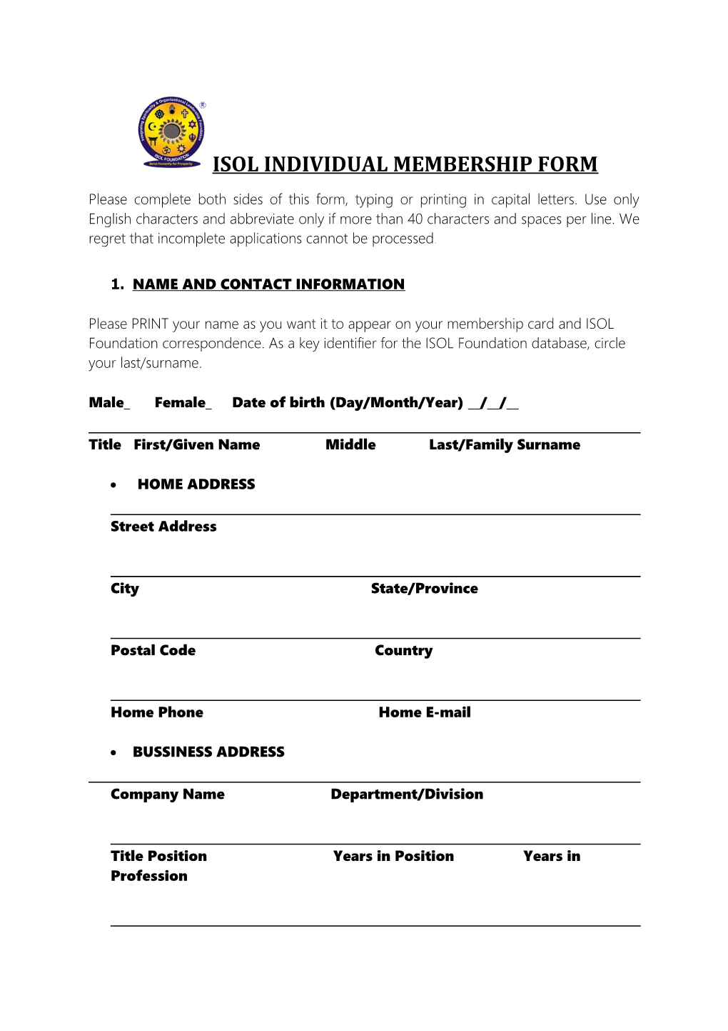 Isol Individual Membership Form