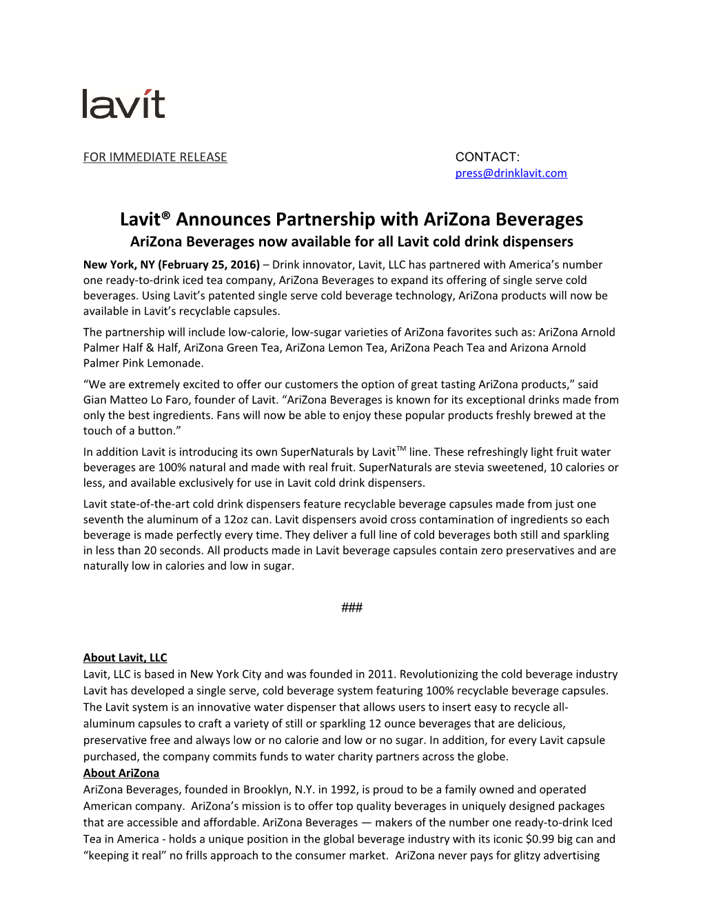 Lavit Announces Partnership with Arizonabeverages